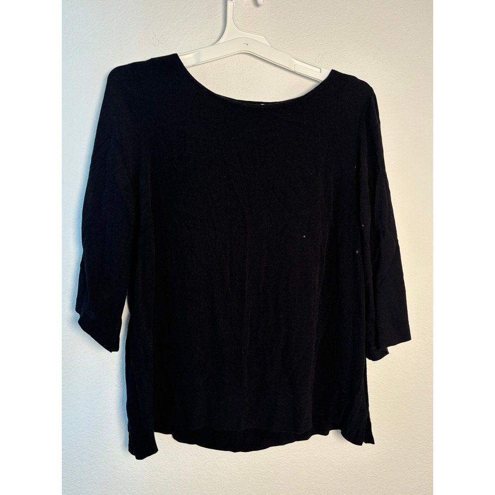 HM Black Scoop Neck 3/4 Sleeve Blouse Top Size 12 Crepe Textured Minimalist